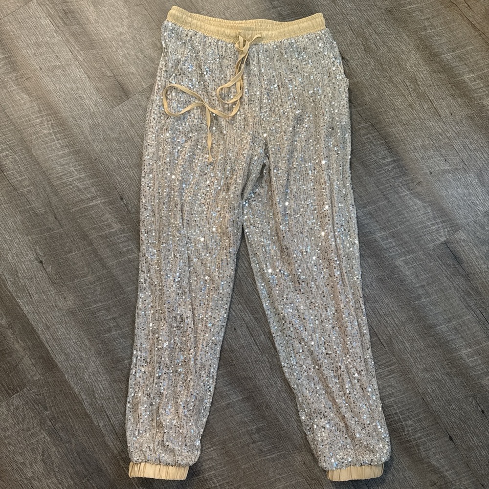 12th Tribe Silver Sequin Joggers with Gold Trim